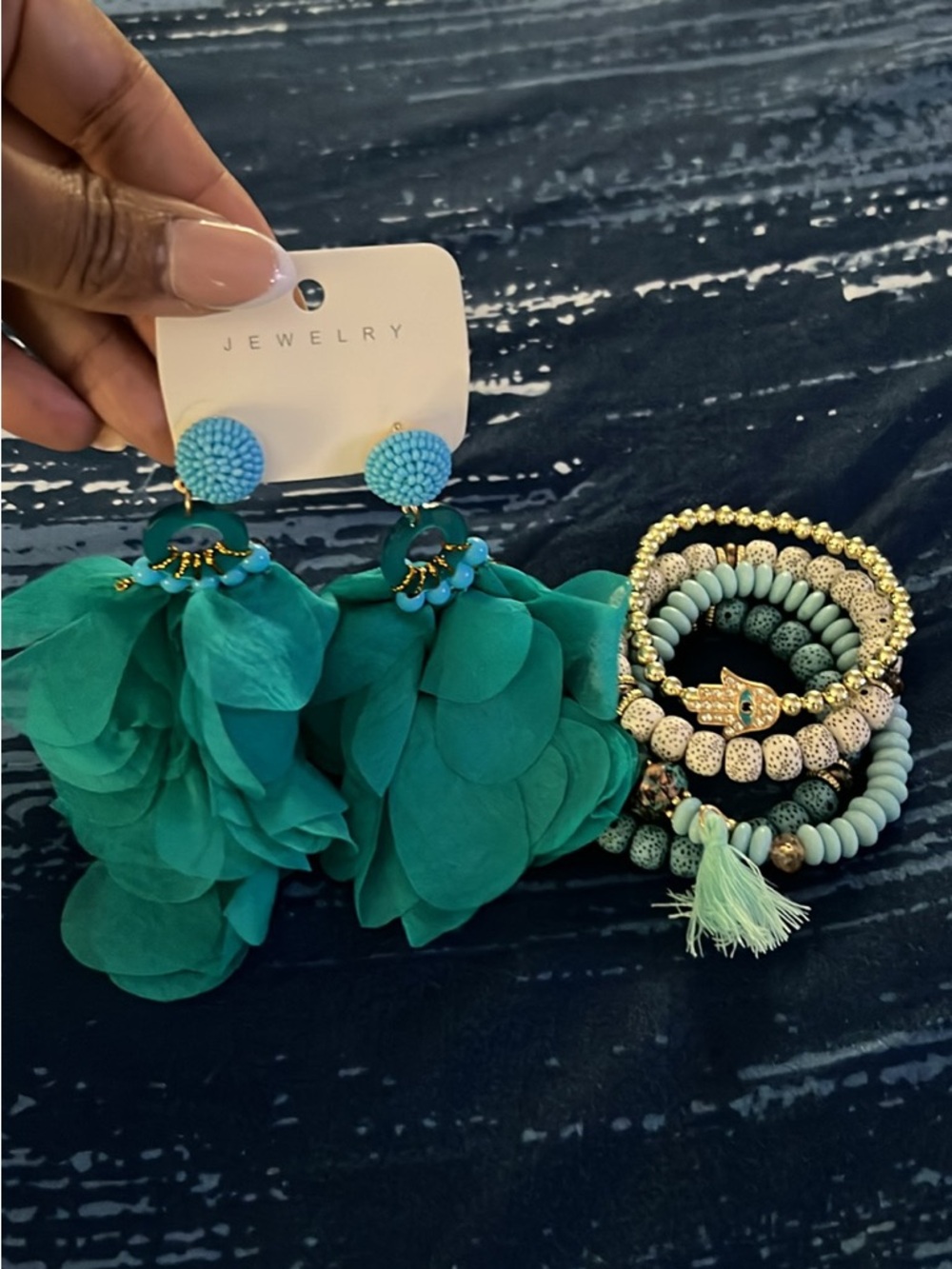 Teal Floral Petal Drop Earrings with Turquoise Accents